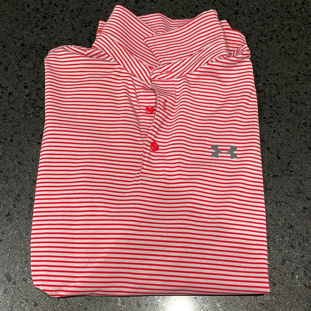 Men’s Under Armour golf polo red gray heat gear size Large